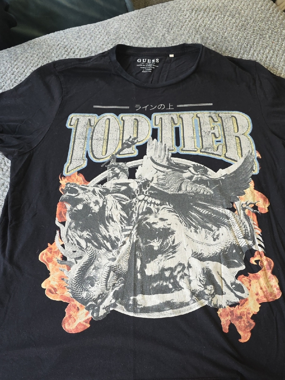 GUESS Men's Black 'Top Tier' Graphic Tee with Flame Crest